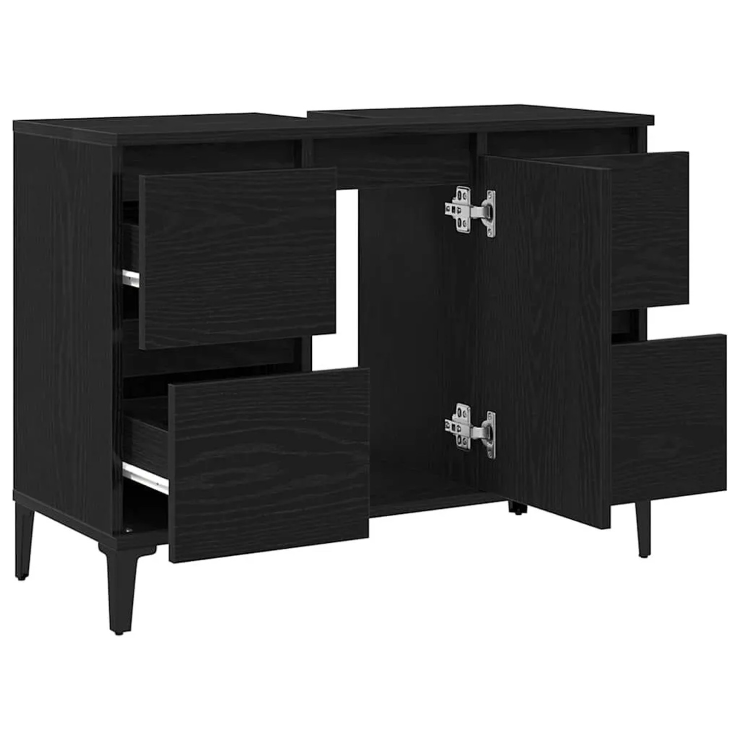 vidaXL Waschbeckenschrank in Schwarz Eichen-Optik mit Tür und Schubladen, offene Ansicht.