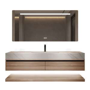 Modernes 100 cm Waschtisch-Set: Sinterstein Waschbecken, Holzmaserung Unterschrank mit Schubladen, LED Spiegel.