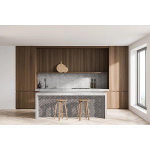 Graue, glänzende Wandfliese Antik Steingut 7,5x30cm im Retro-Stil in Küche.