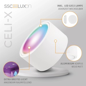 Weißer SSC-LUXon LED Aufbaustrahler CELI-X Smart mit RGB CCT GX53 Lampe, WLAN-fähig.
