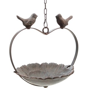 Hängende Vogeltränke aus Gusseisen mit 2 Vögeln, dunkelbraun, 35 cm, Gartendeko.