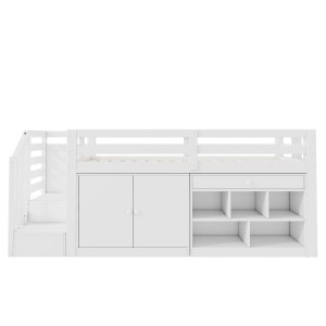 Merax Kinderbett 90 x 200 cm mit Treppe Stauraum Schreibtisch Weiß