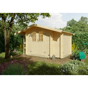 Unbehandeltes Kiehn-Holz Gartenhaus KH 28-014 (210x210cm) im Garten.
