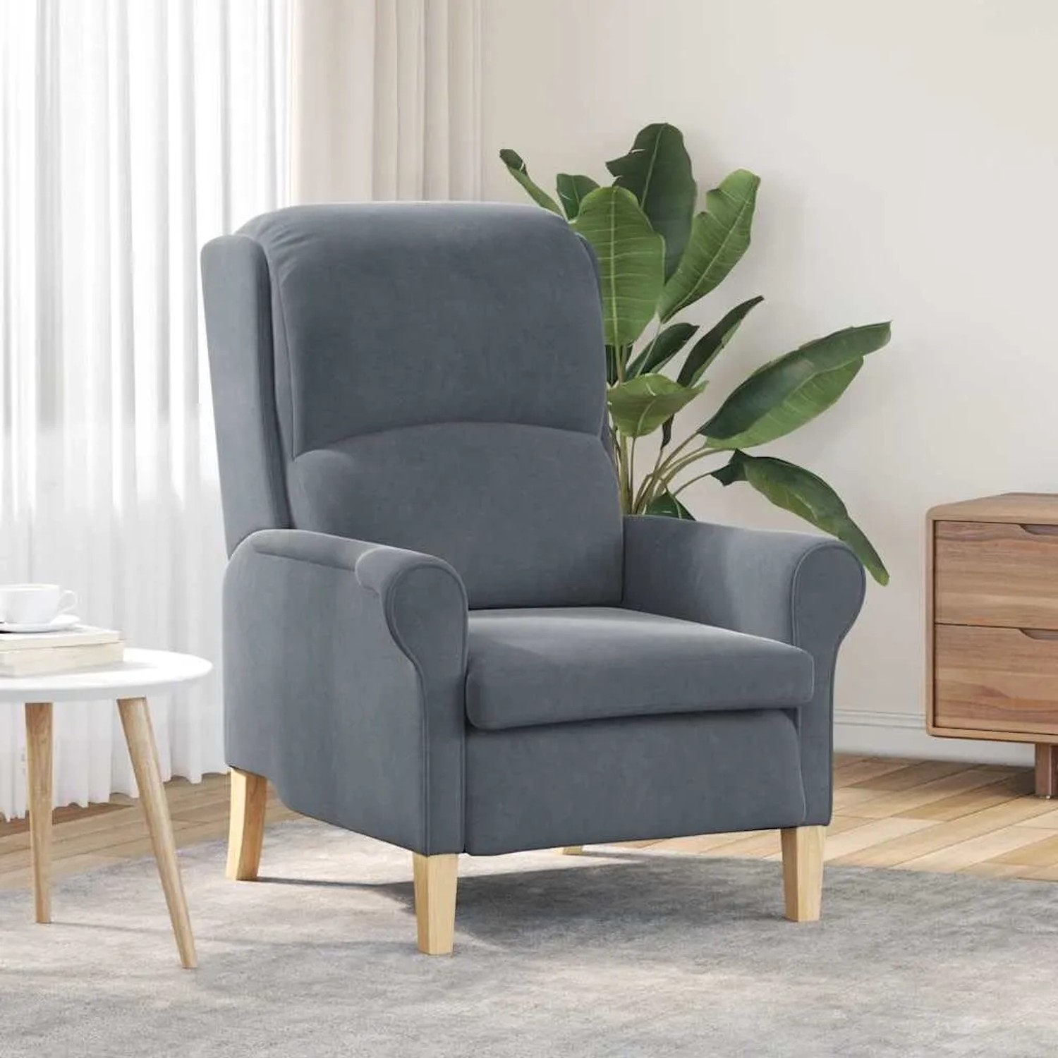 Dunkelgrauer vidaXL Sessel (Loungesessel) aus Samt mit Holzbeinen.