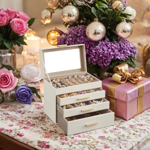 Songmics Schmuckkästchen Greeta mit Glasdeckel Weiß-Beige