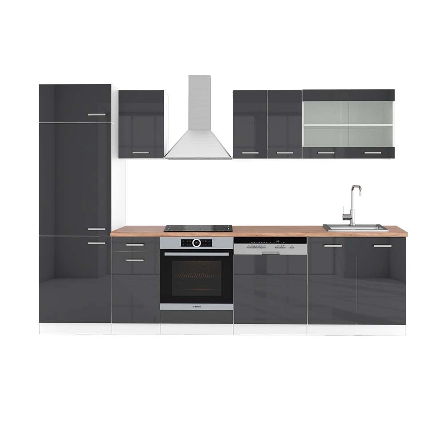 Vicco R-Line Küchenzeile Anthrazit Hochglanz/Weiß 300 cm AP Eiche günstig online kaufen