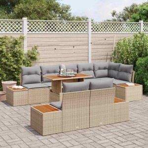 Modulare vidaXL Garten Essgruppe aus beigem Poly-Rattan mit grauen Kissen und Holztisch auf Terrasse.