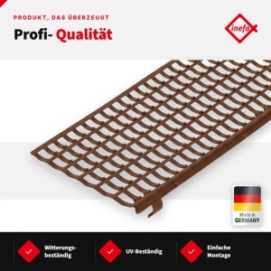 Brauner Inefa Laubfangstreifen aus Kunststoff für Dachrinnen. Schützt vor Laub, UV-beständig und einfach zu montieren.