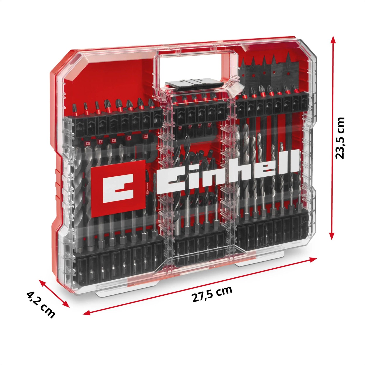 Einhell Impact-Bit- und Bohrer-Set XL-Case, 95-teilig, in roter Aufbewahrungsbox mit transparentem Deckel.