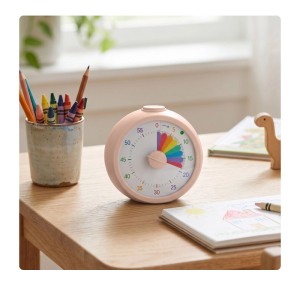 Rosa visueller 60-Minuten-Timer aus Kunststoff mit Regenbogen-Anzeige auf Holztisch, ideal für Kinder-Zeitmanagement.