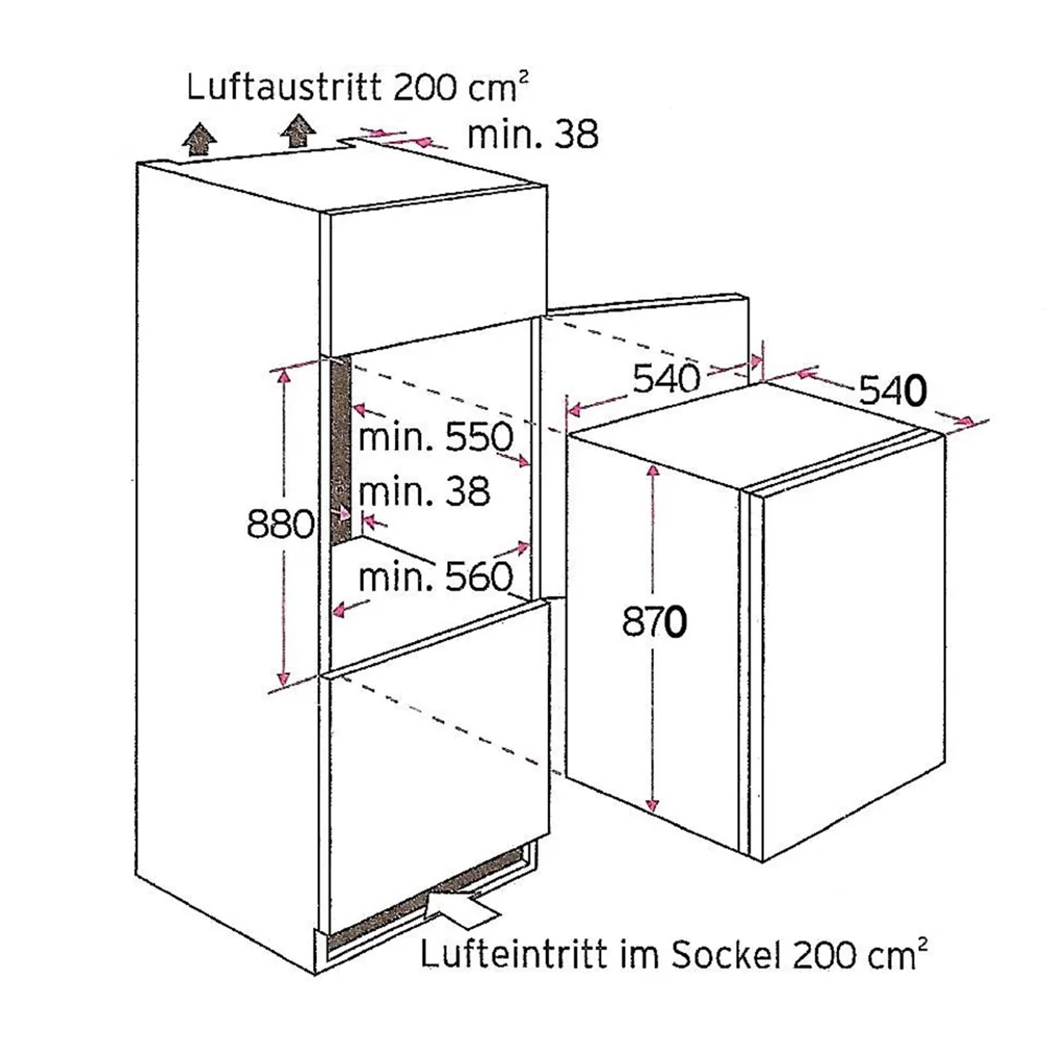 Maße des PKM Einbaukühlschranks KS130.0A++EB, schematische Darstellung mit Maßangaben.