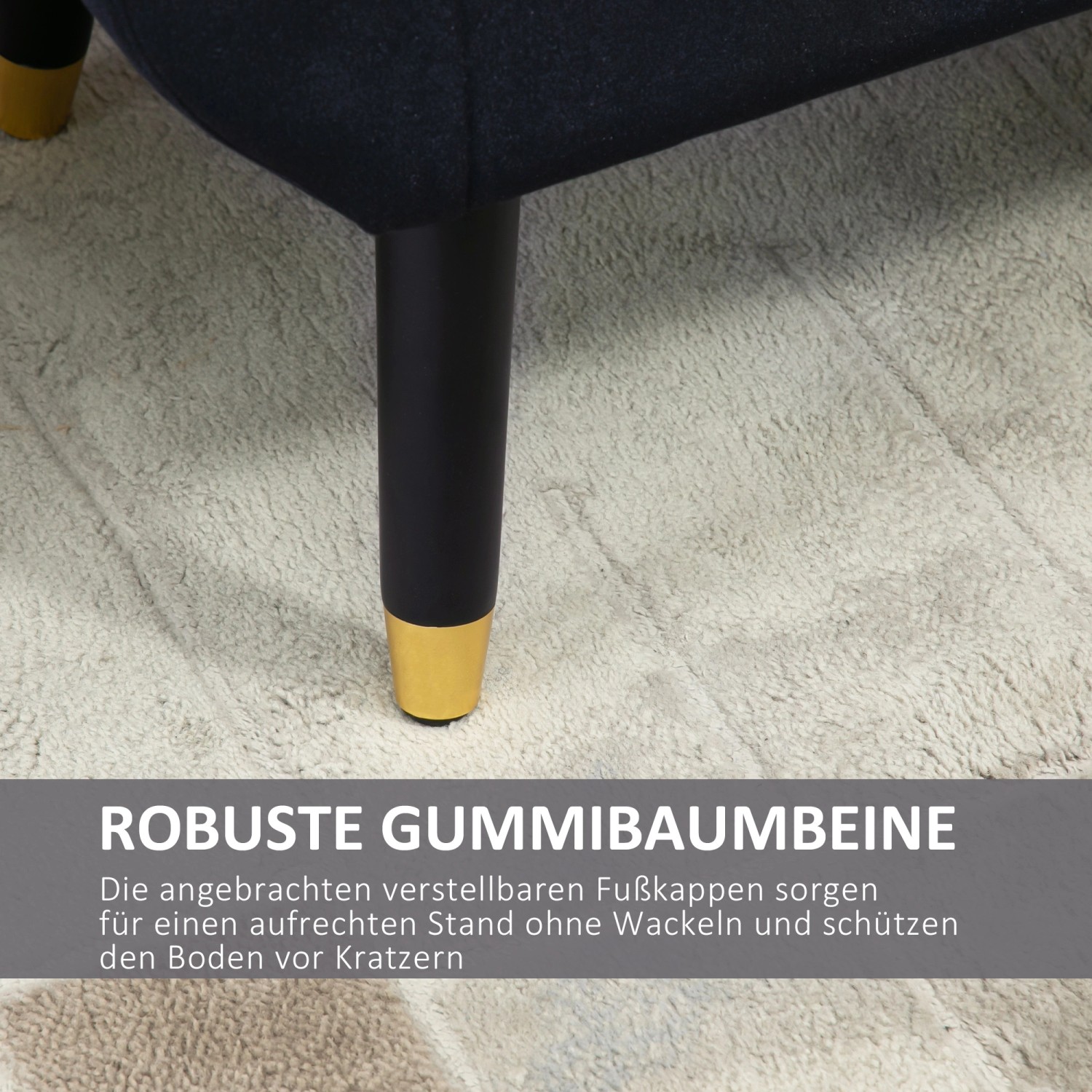 Detailansicht: Schwarze HOMCOM Sitzbank mit goldenen Akzenten an den Füßen.