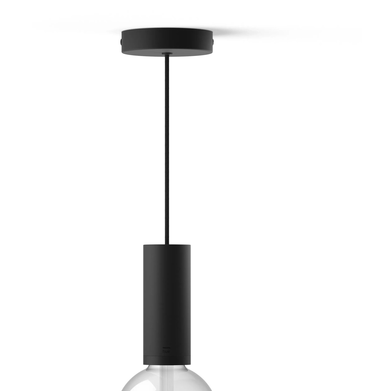 Philips Hue Lightguide Lampe mit schwarzer Textilkordel und Halterung.