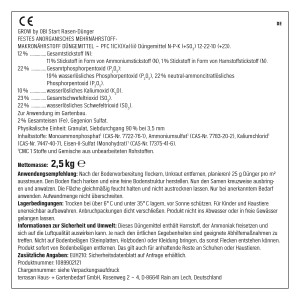Detailansicht der Inhaltsangaben des OBI Start Rasen-Düngers 2,5 kg.