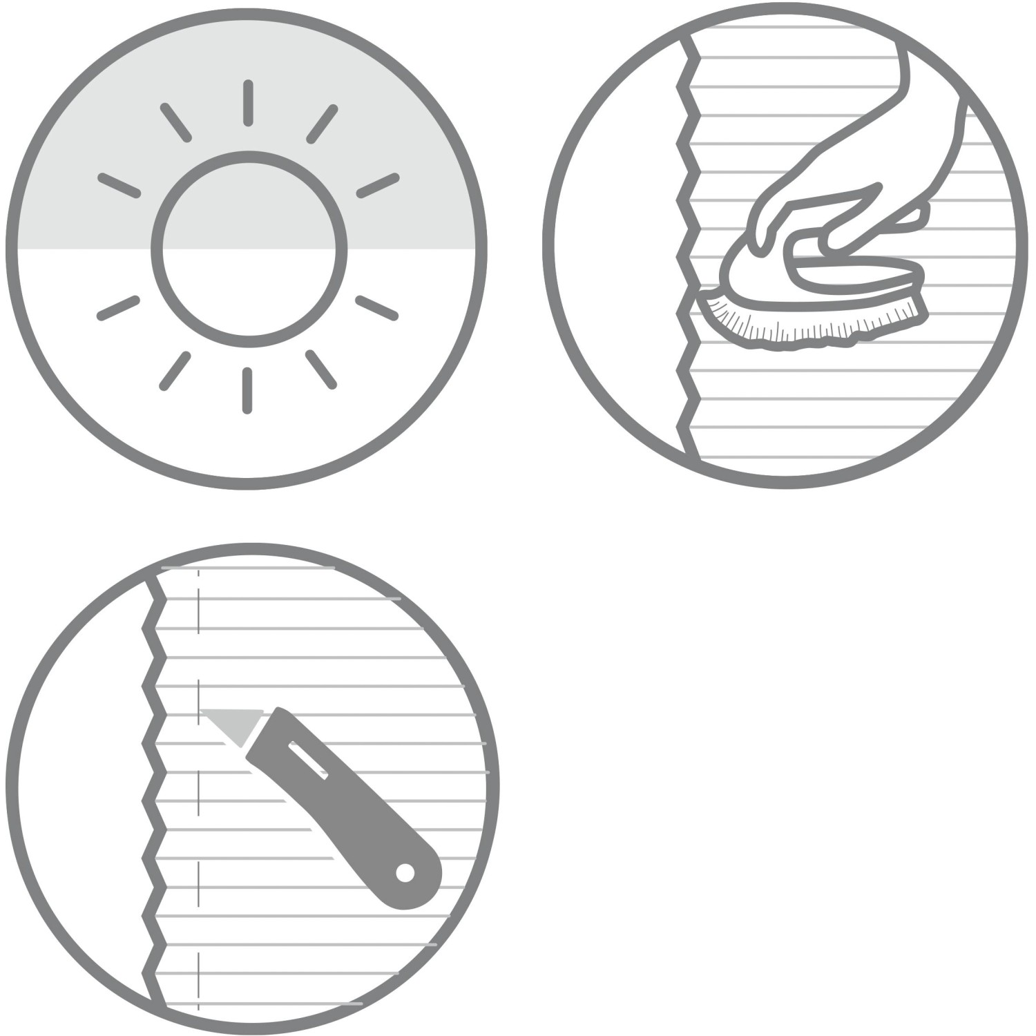 Symbole für Lichtdurchlässigkeit, Reinigung und Kürzbarkeit des Schöner Wohnen Plissee Milla.