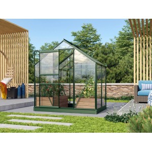 Grünes Vitavia Gewächshaus Venus 2500 mit geöffneter Tür im Garten.