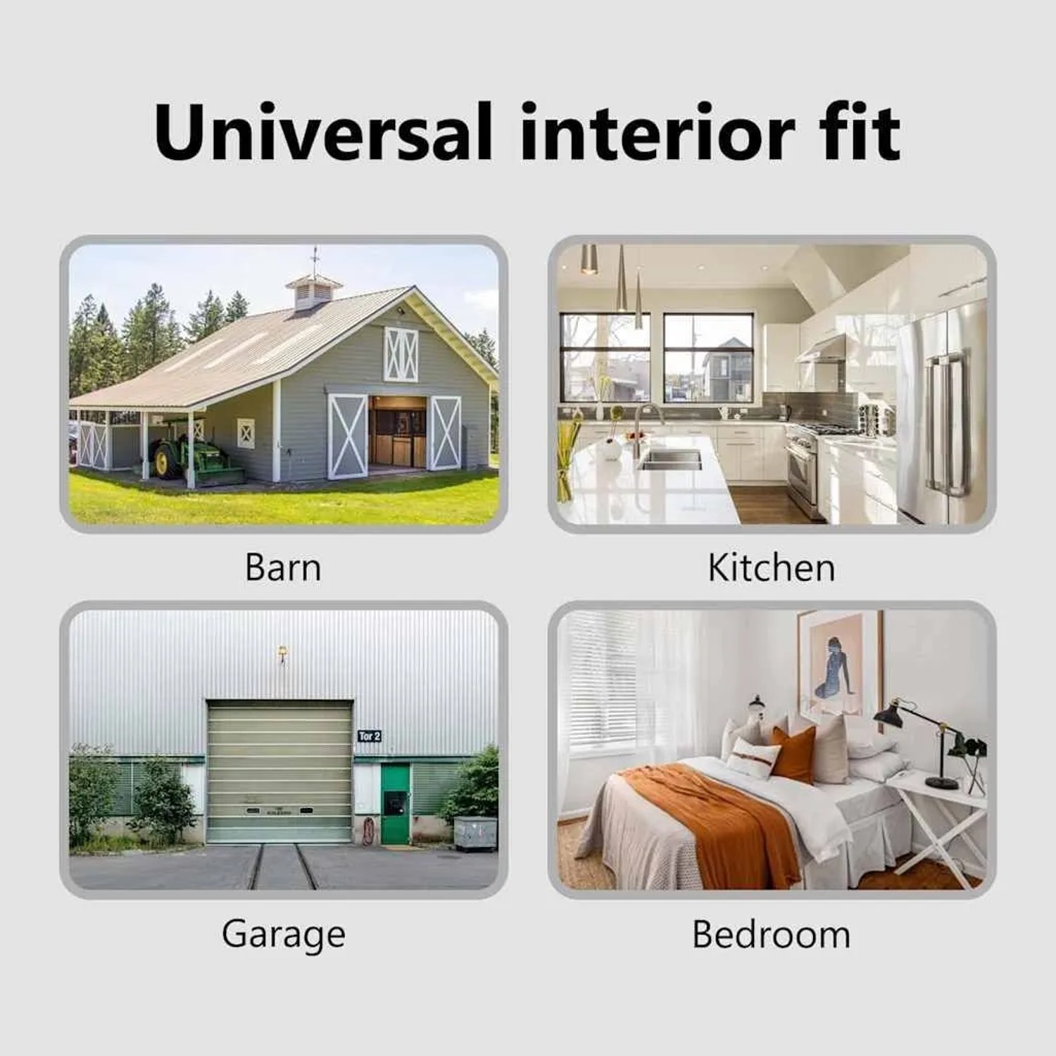 Vier Szenen zeigen die vielseitige Anwendung einer weißen Schiebetür aus Kiefernholz und Glas in Innenräumen wie Küche und Schlafzimmer.