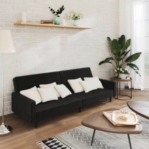 Schwarzes vidaXL Schlafsofa 2-Sitzer aus Samt mit Kissen im Wohnzimmer.