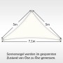 Cremeweißes, dreieckiges Sonnensegel Toldoro 5x5x7,1m mit UV-Schutz und Maßangaben.