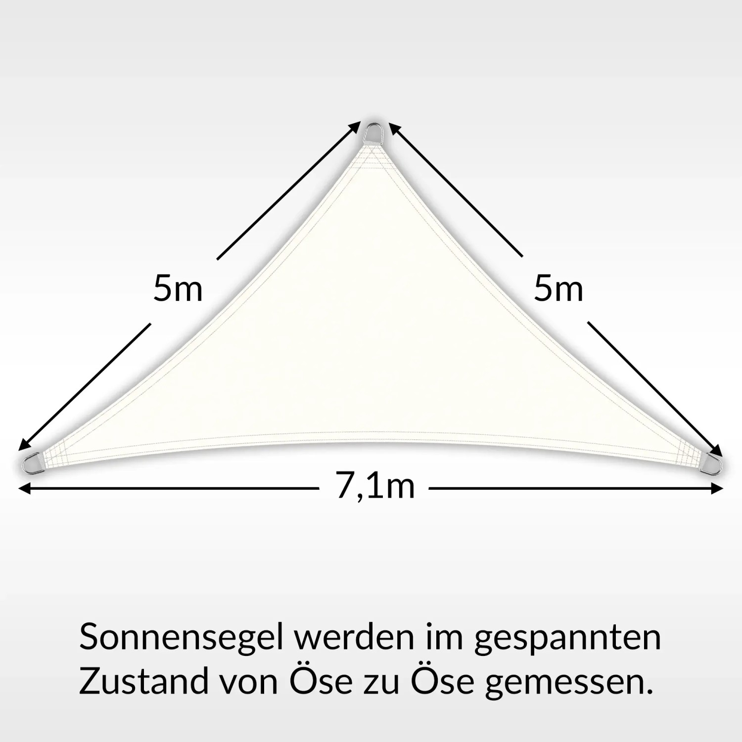 Cremeweißes, dreieckiges Sonnensegel Toldoro 5x5x7,1m mit UV-Schutz und Maßangaben.