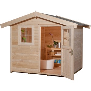 Naturbelassenes Holz-Gartenhaus mit Satteldach, offener Tür und Fenster. Ideal als Rückzugsort im Garten.