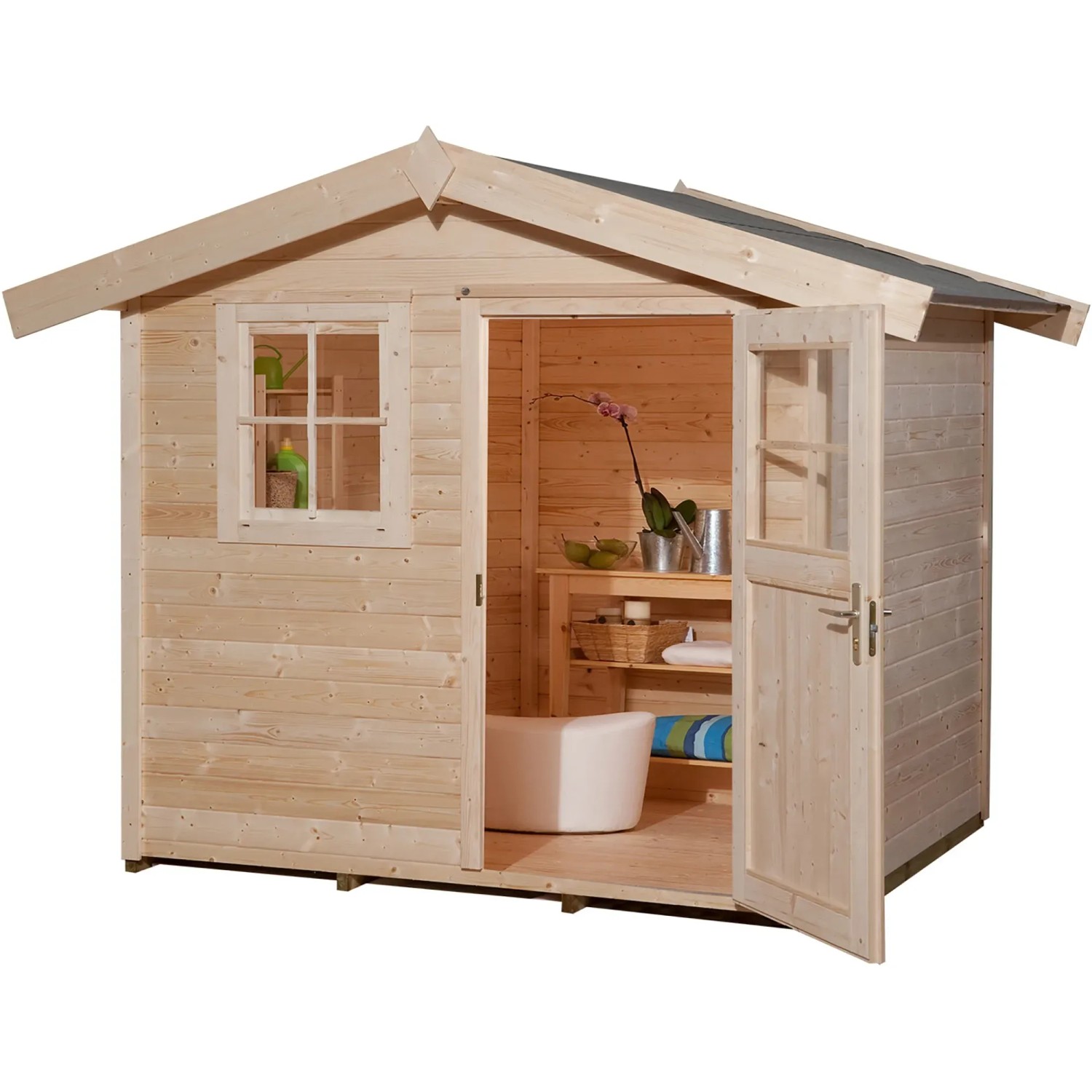 Naturbelassenes Holz-Gartenhaus mit Satteldach, offener Tür und Fenster. Ideal als Rückzugsort im Garten.