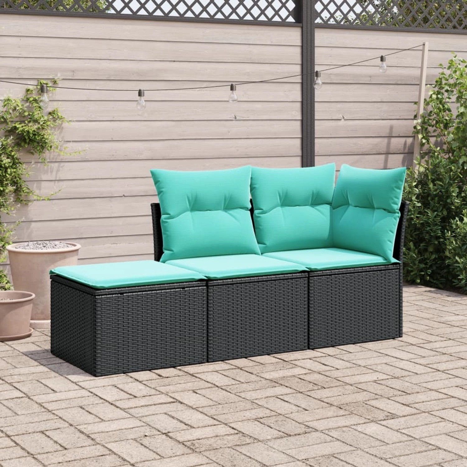 Schwarze 3-tlg. vidaXL Garten-Sofagarnitur aus Rattan mit türkisen Kissen für Garten oder Terrasse.