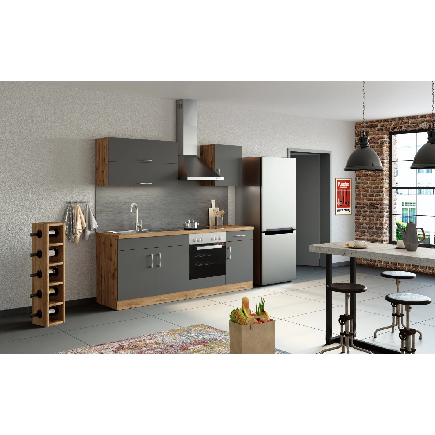 Moderne Held Möbel Küchenzeile Sorrento 210 cm in Anthrazit-Wotaneiche mit E-Geräten.