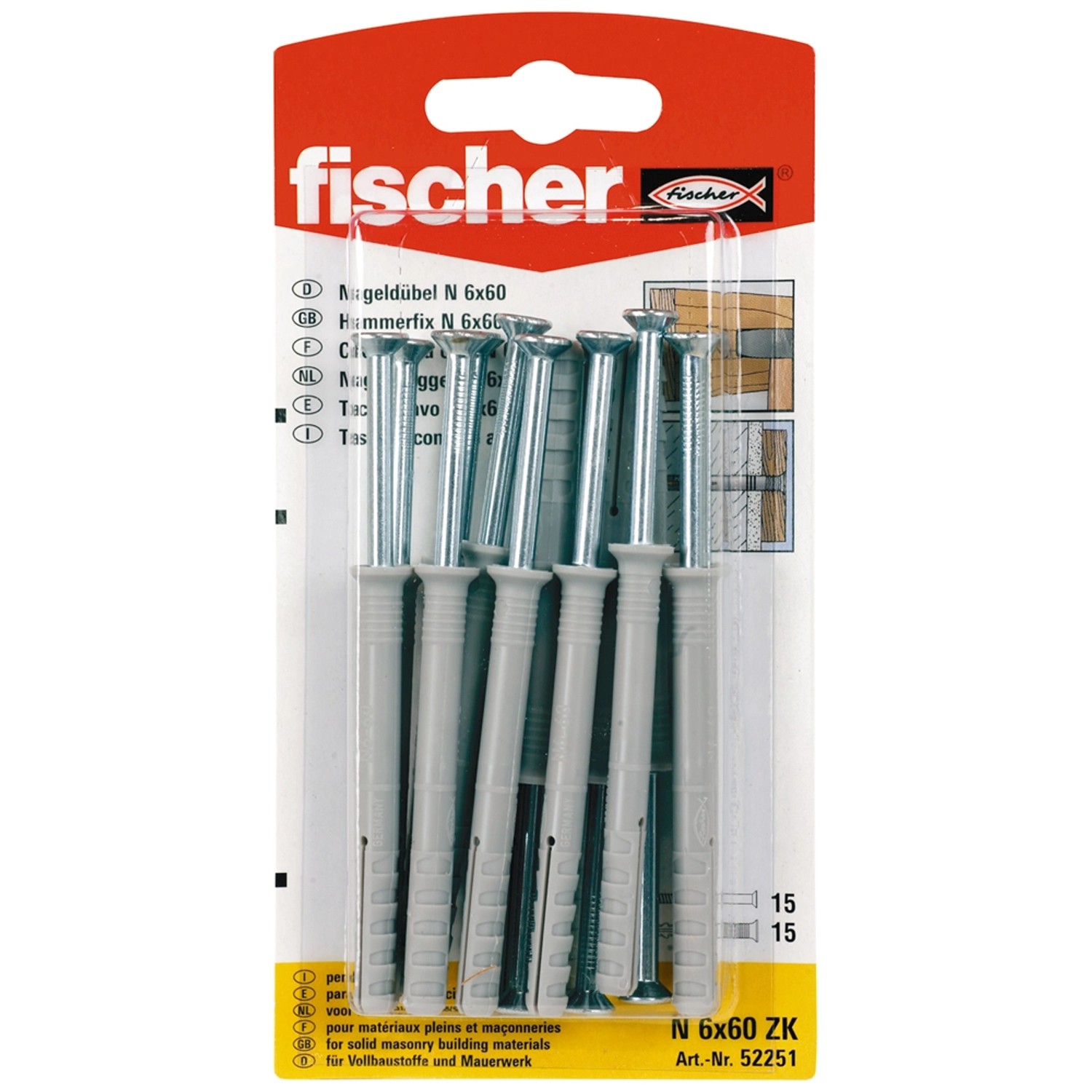 Fischer Nageldübel N 6 x 60/10 S, 15 Stück, vormontiert, für schnelle Schlagmontage.