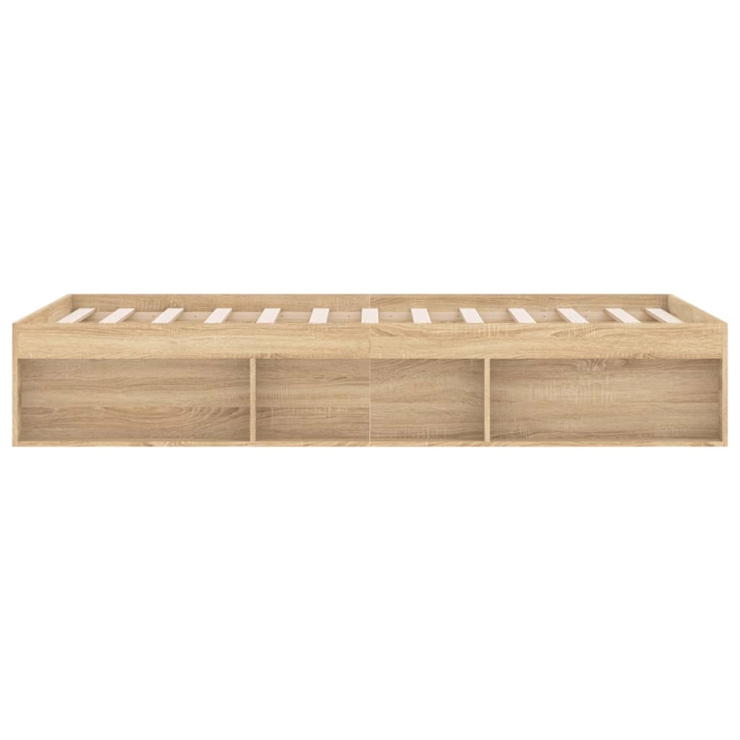 Bettgestell Sonoma-Eiche (180x200 cm) mit Lattenrost und Stauraumfächern.