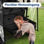 Kind steigt in Sekey Bollerwagen mit Regenschutz. Camping Zubehör mit flexiblem Einstieg.