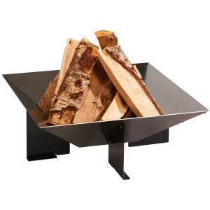 Quadratische Wilk Feuerschale aus Stahl, 56x56x20 cm, gefüllt mit Holz.