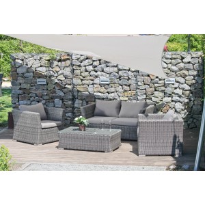 Graue 4-teilige Lounge-Gruppe Avila mit Polyrattan, Sofa, Sesseln und Tisch mit Glasplatte.