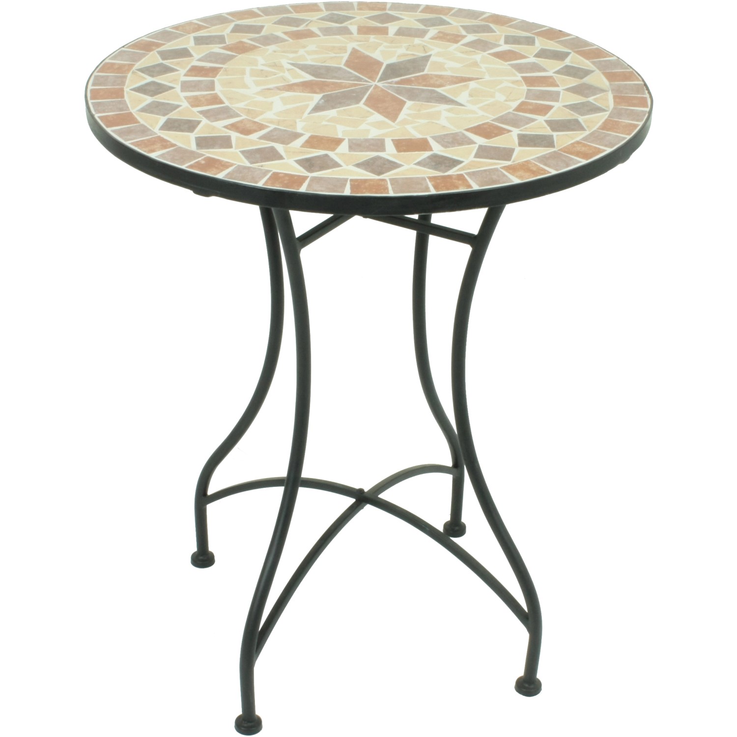 Runder Mosaiktisch des Garden Pleasure Balkon-Sets Amarillo mit braunem Stahlgestell.