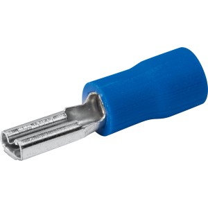 Blaue Flachsteckhülse, 2,5 mm Ø, für Kabelverbindungen ohne Löten, aus Messing/Zinn.