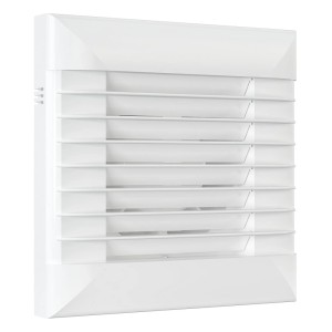 Weißer VLANO Badlüfter FLAP 100 H mit Feuchtesensor und Jalousie.