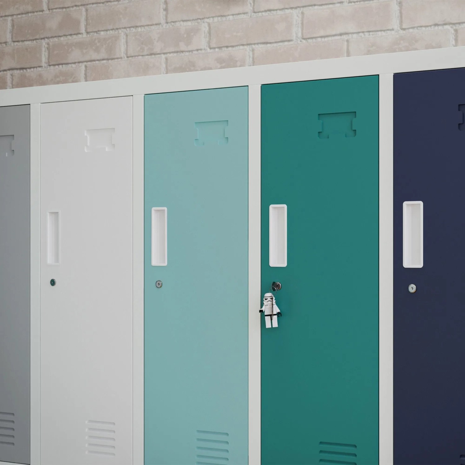 Metallspind Umkleideschrank mit 10 Fächern in Grau und verschiedenen Farben.