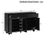 Schwarzes Merax Sideboard mit Maßen 140x38x89 cm. Offene Schublade, Türen und verstellbare Regale sichtbar. Wohnzimmerschrank.