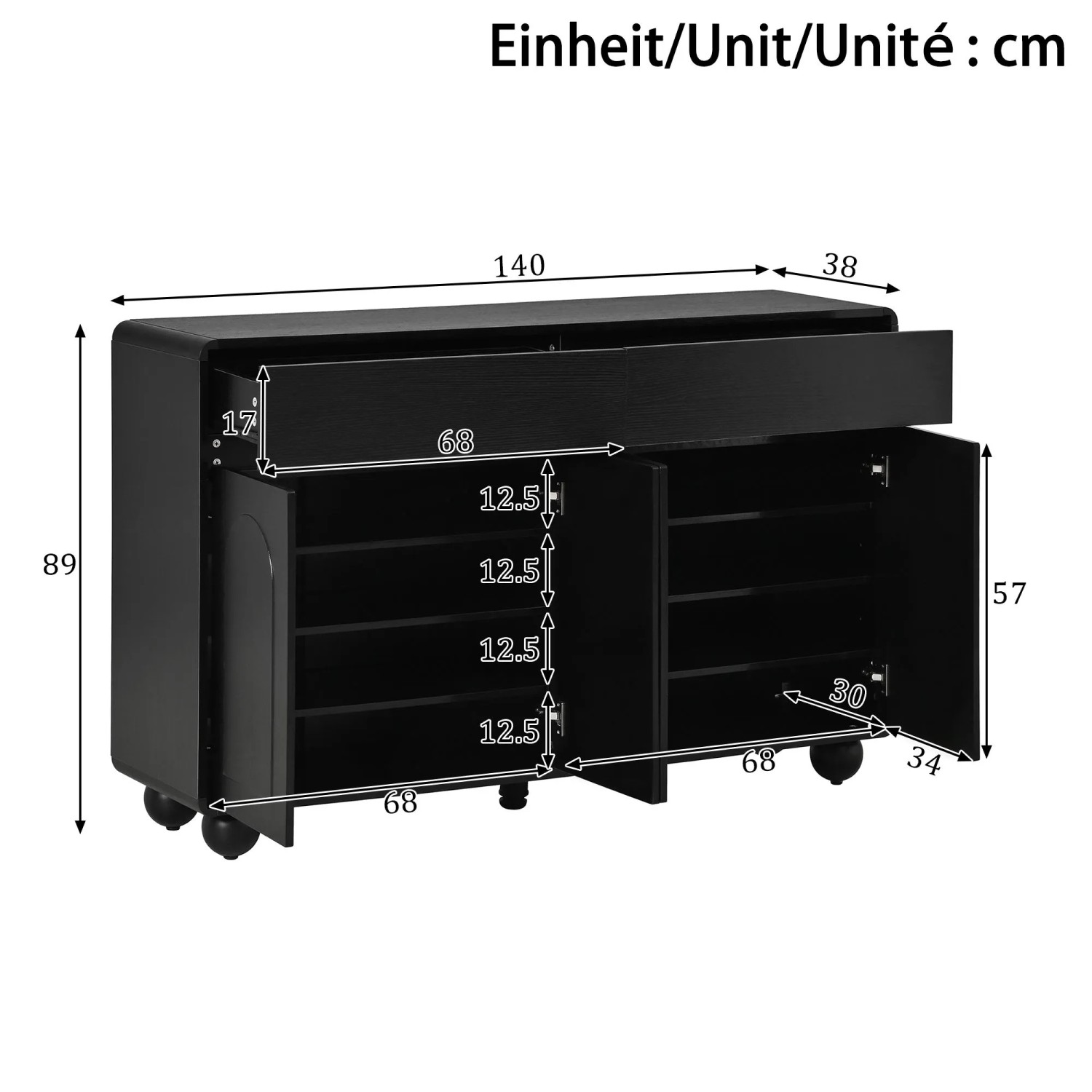 Schwarzes Merax Sideboard mit Maßen 140x38x89 cm. Offene Schublade, Türen und verstellbare Regale sichtbar. Wohnzimmerschrank.