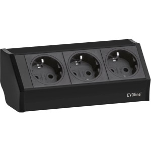 Schwarzes Evoline V-Dock Steckdosenelement mit 3 Steckplätzen, aus Aluminium und Kunststoff, für Eckmontage.