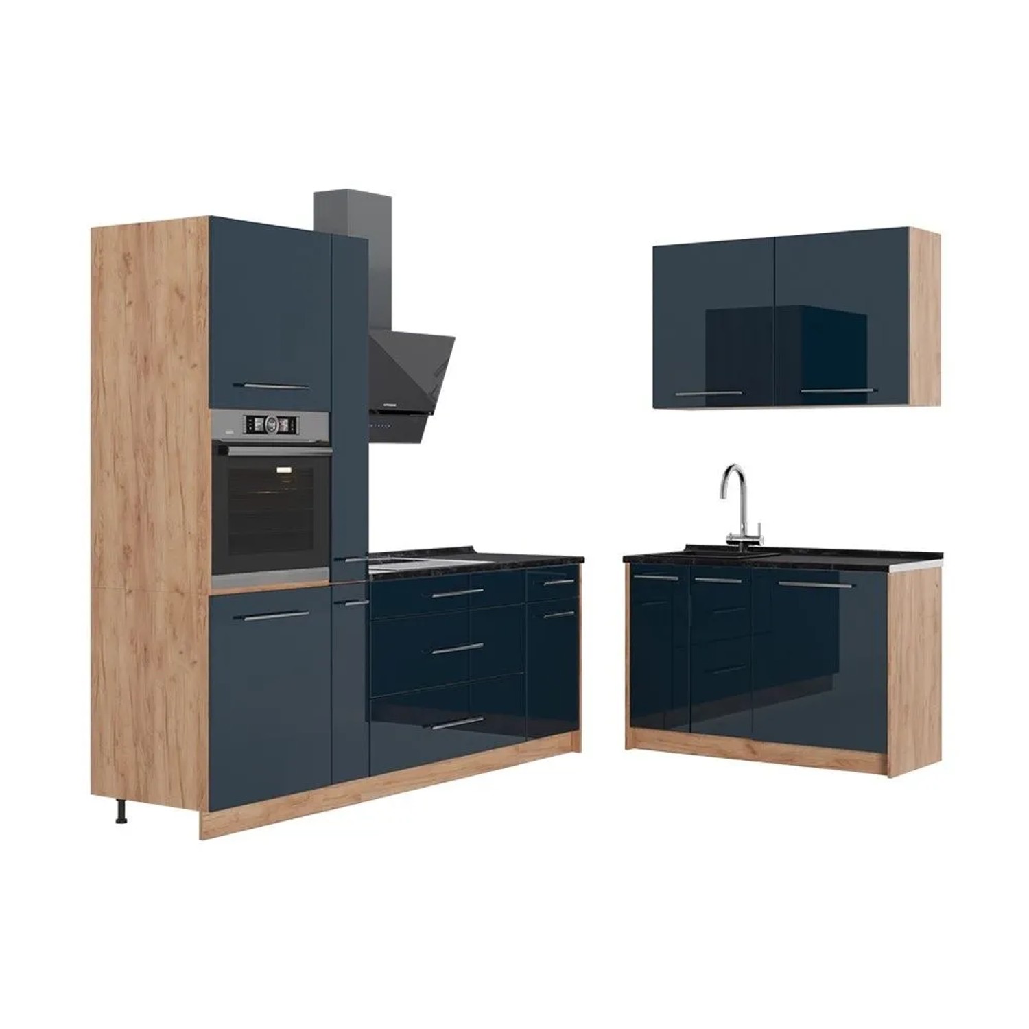 Vicco Küchenzeile Fame-Line Dunkelblau Hochglanz/Goldkraft Eiche 340 x 207 AP Anthrazit Art Nr 65770