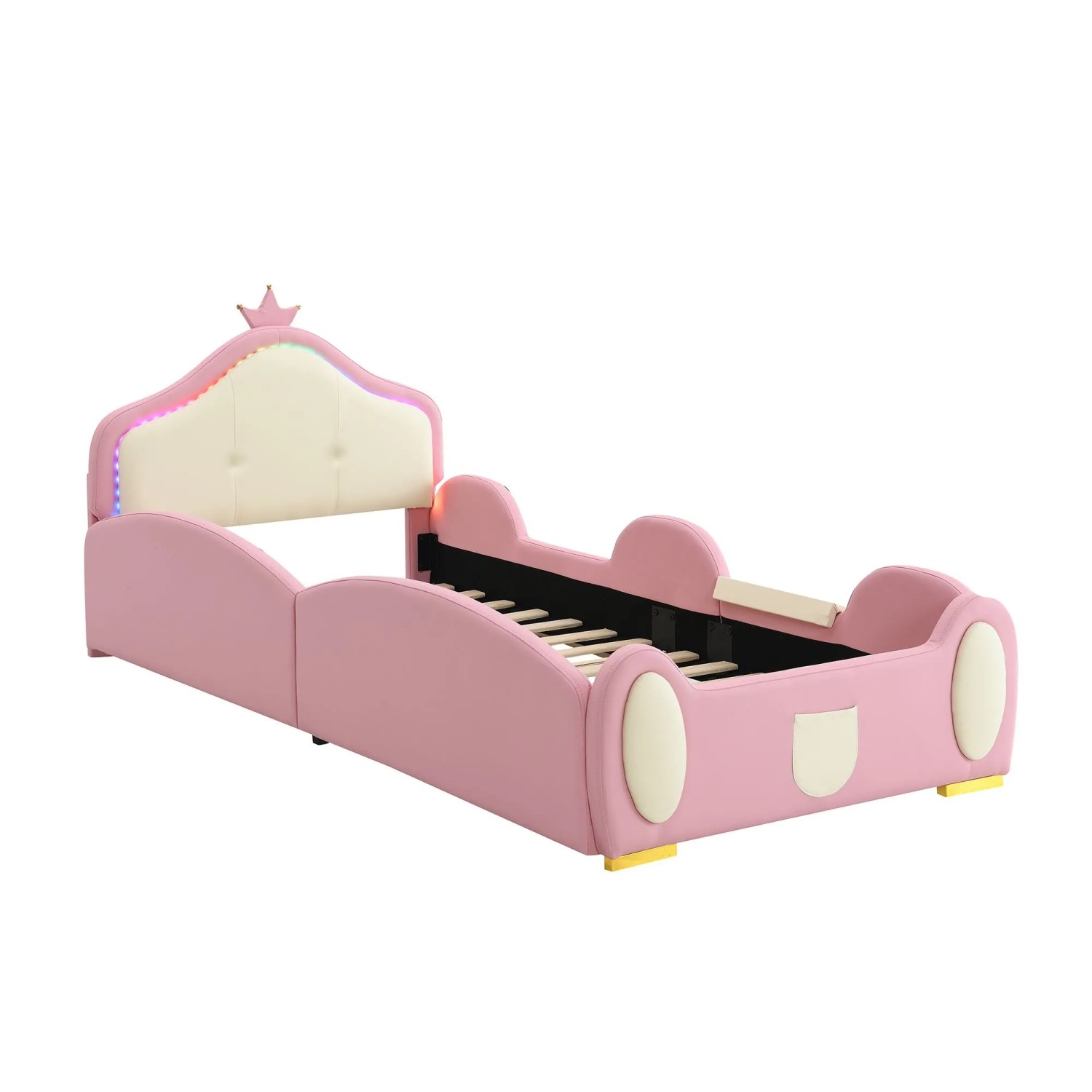 okwish Polsterbett 90x200cm mit LED Rutsche und Treppe Rosa Beige ohne Matratze