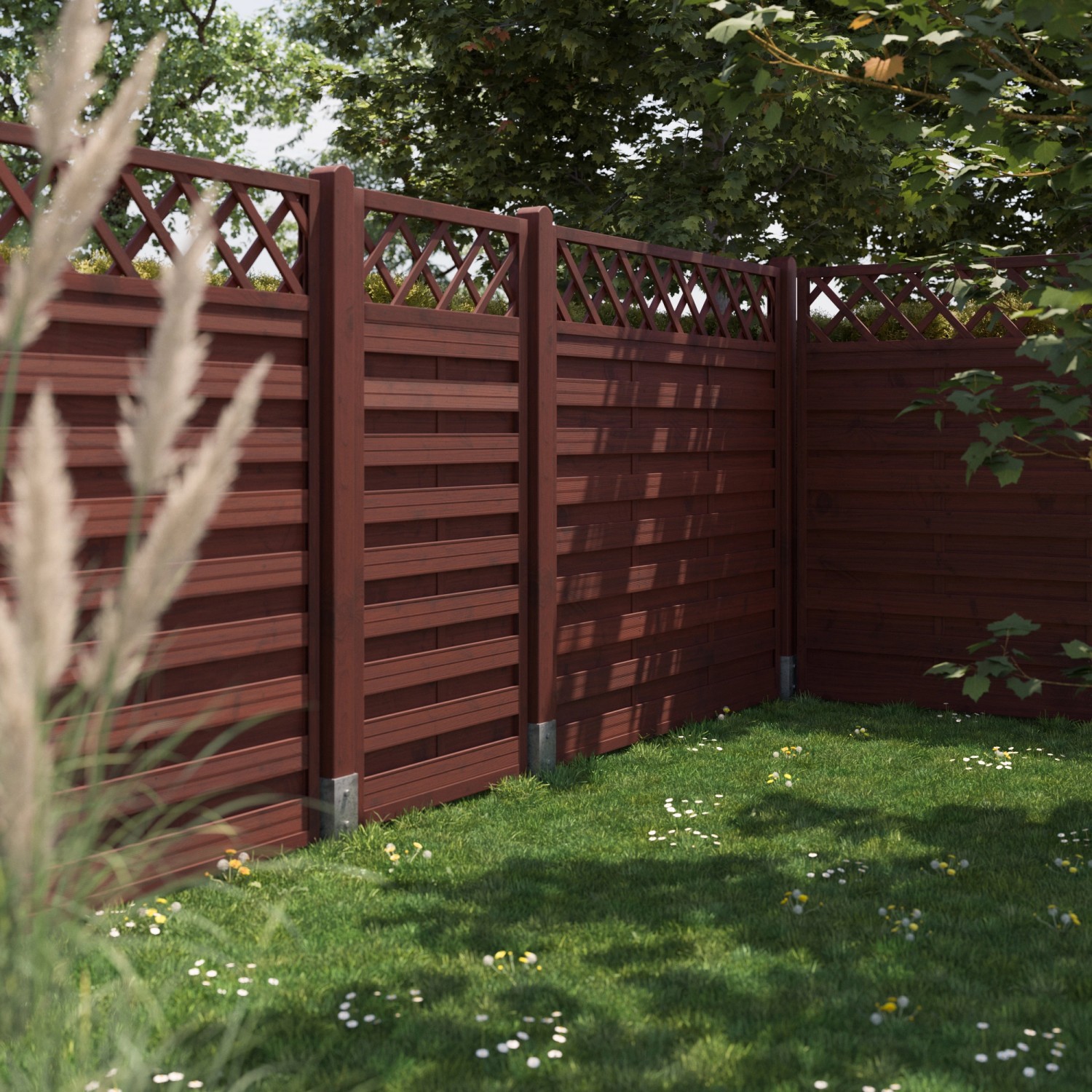 Braunes Sichtschutzzaun-Element Country, 180x90 cm, lasiert, mit Lattenzaun-Abschluss.