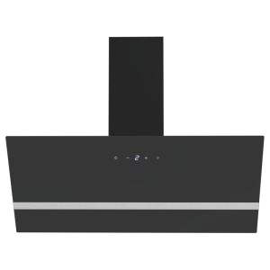 Schwarze Respekta Kopffreihaube Hera 90 cm mit schräger Glasfront, Touch-Bedienung und LED-Lichtleiste.