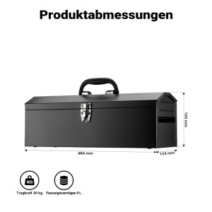 Schwarzer Wiltec Stahl Werkzeugkasten mit Griff und Verschluss, Maße 484x154x165mm, 30kg Tragkraft, 9L Volumen.