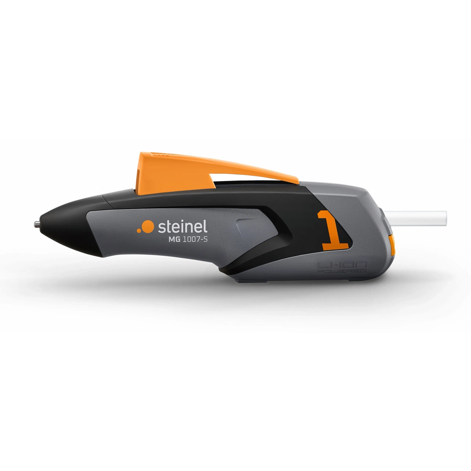 Steinel Heißklebepistole Mobileglue 1007-S, Akku-betriebenes Heißklebegerät in Grau und Schwarz mit orangenen Akzenten.