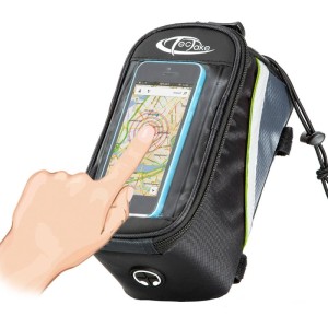 Tectake Fahrradtasche mit Handyfach zur Rahmenbefestigung, schwarz-grau-grün.