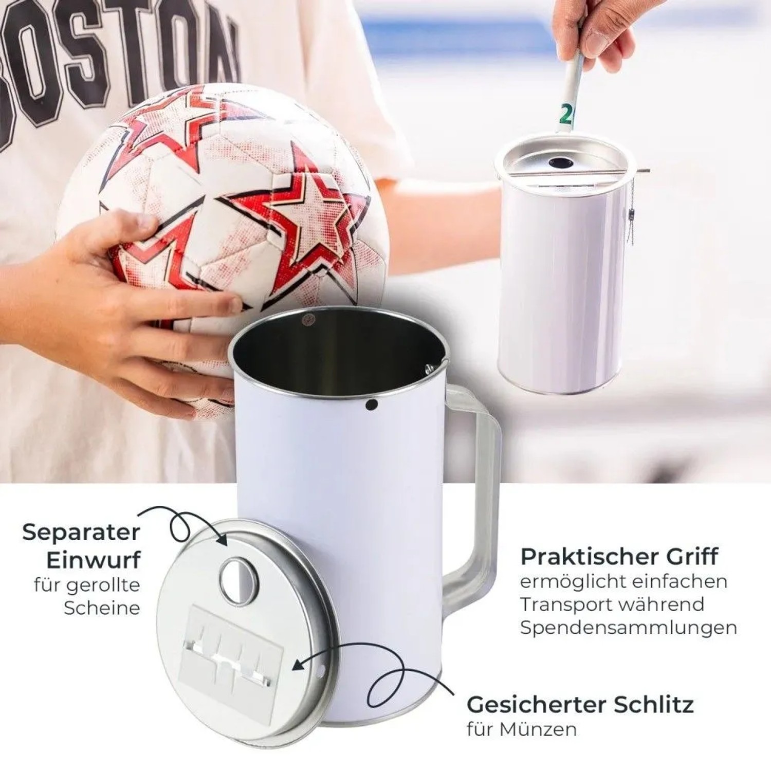 Lichtgraue HMF Spendendose aus Blech mit Griff, separatem Einwurf für Scheine und gesichertem Schlitz für Münzen.