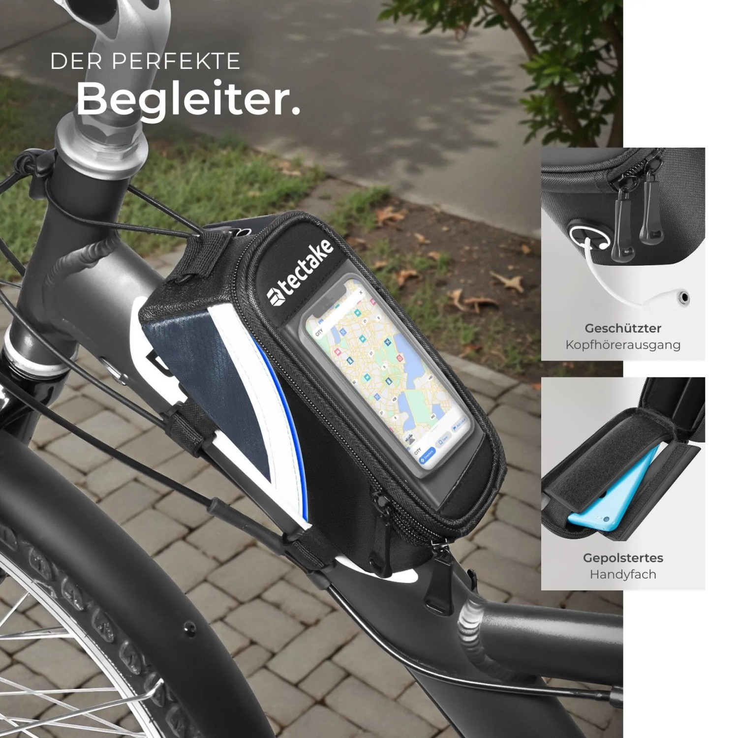 Tectake Fahrradtaschen Set: Rahmentasche mit Handyfach und Gepäckträgertasche mit Fächern.