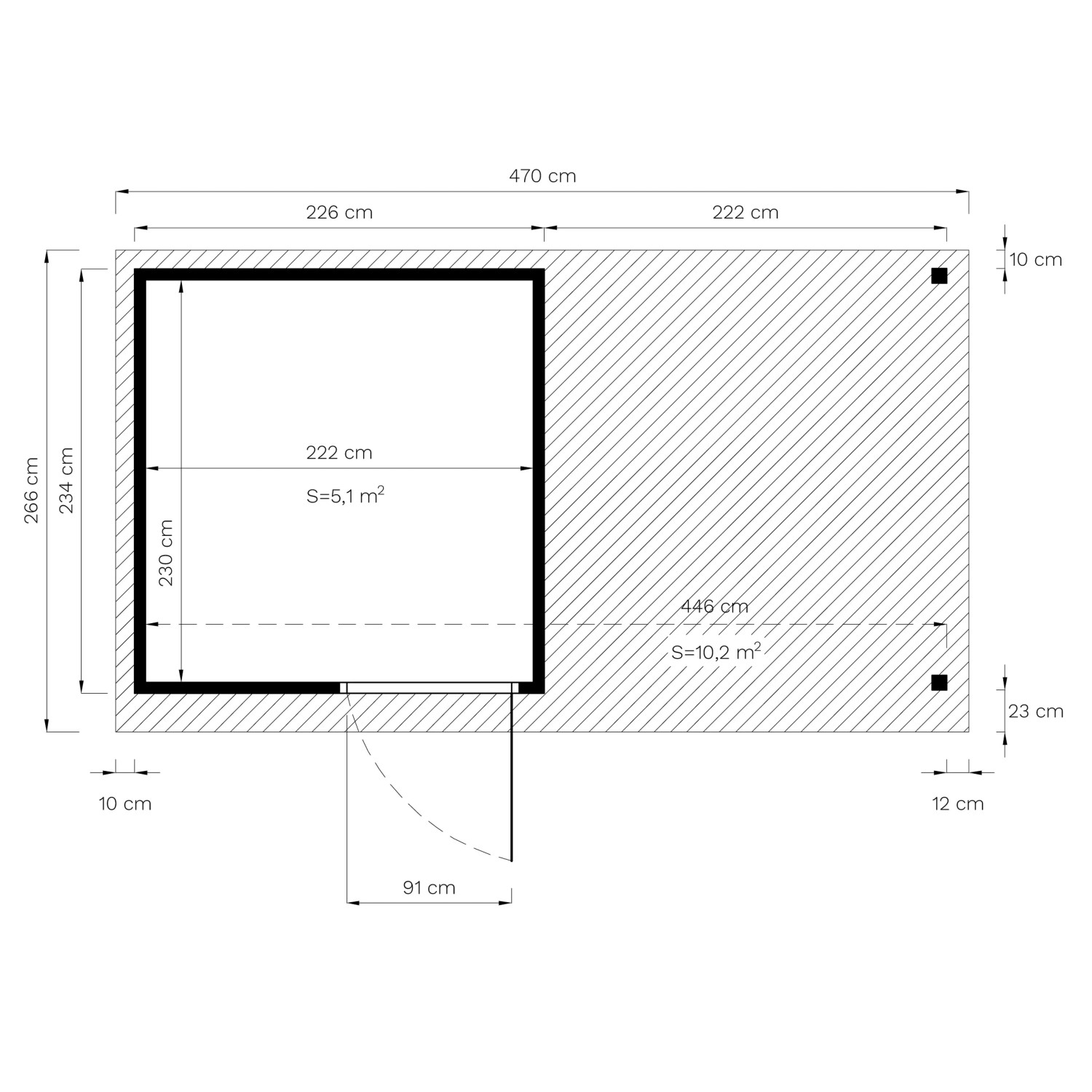 Grundriss Bertilo Elementgartenhaus Pentus 2 Office Lounge, 447x234cm, Maße und Flächenangaben.